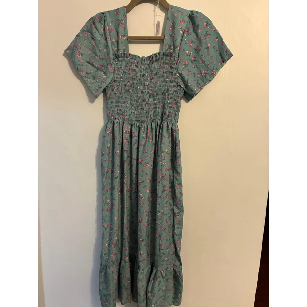 0125 Beautiful blue cottage-core dress with pink posies. Size- S/M - Picture 8 of 8